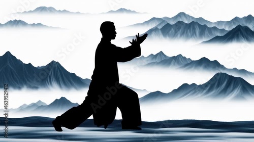 Dynamic Silhouette Performing a Flowing Tai Chi Sequence Amidst Misty Mountains