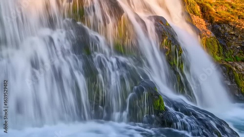 Dynamic Silky Waterfall Cascading Over Mossy Rocks During a Golden Sunset