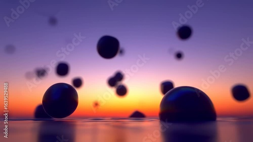 Dynamic Slow Motion Animation of Bouncing Spheres on a Reflective Surface During a Serene Sunset