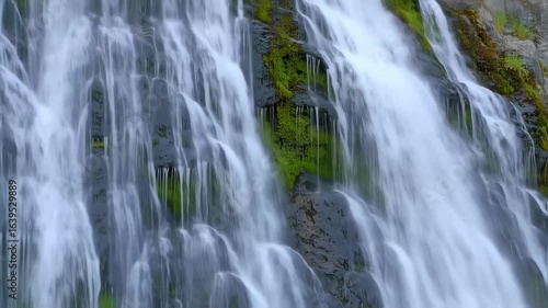Dynamic Waterfall Cascade: Flowing Water Over Mossy Rocks in Nature's Embrace