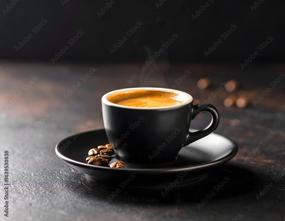 Fototapeta premium A steaming cup of espresso sits on a saucer, with coffee beans scattered around.