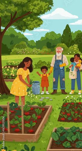 A diverse family tending a vibrant community garden on a sunny day.