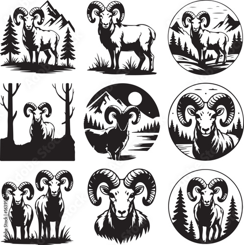 Nine Black Ram Illustrations in Natural Mountain and Forest Settings sheep nature