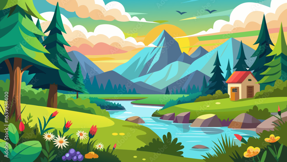 Naklejka premium Vector art of charming cartoon illustration of a serene mountain landscape with a flowing river, verdant hills, a small cabin, and vibrant wildflowers at sunrise