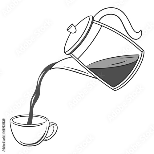 Illustration of coffee pouring from a pot into a cup, a symbol of a morning beverage isolated on white background