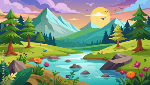 Vector art of serene cartoon landscape at sunset with a gentle river meandering through a green valley, framed by majestic mountains and illuminated by a warm, glowing sun