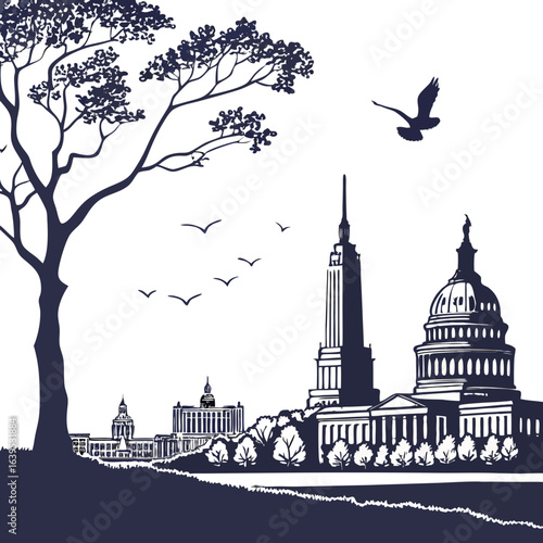 Illustration of washington dc skyline with monuments and buildings, a tree and birds, isolated on white background