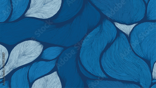Abstract blue and white leaf vein pattern with flowing organic shapes and fine lines, creating a modern and elegant botanical texture, ideal for backgrounds, textiles, and decorative designs.