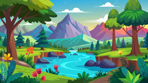 Vector art of serene cartoon vista featuring towering mountains, a flowing river, verdant hills, diverse trees, and vibrant wildflowers under a clear blue sky