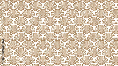 Seamless geometric pattern of half-circle fan shapes with fine radiating lines, arranged in a repetitive grid. Elegant brown and white color scheme, perfect for backgrounds or decorative design.