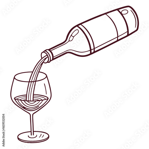 Wine bottle pouring into glass isolated on white background in outline drawing style