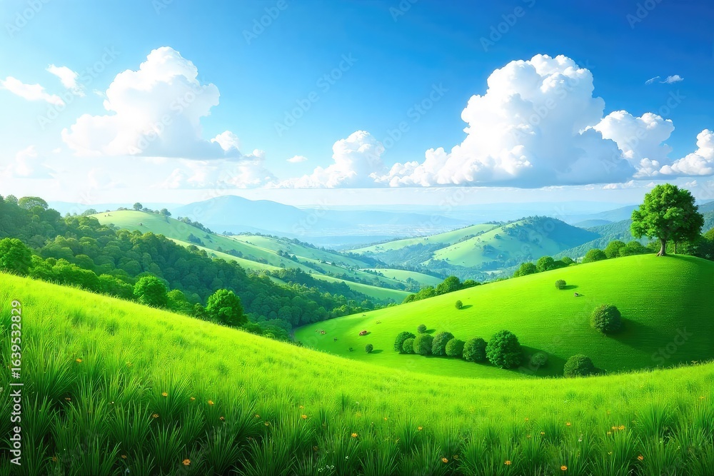Obraz premium Stunning panoramic view of a lush green earth landscape, featuring rolling hills, vibrant vegetation, and a clear blue sky Perfect for environmental, nature, and travel projects , countryside, nature