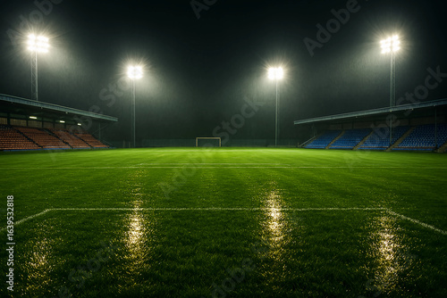 An empty stadium glows awaiting the roar of the crowd under the bright lights on a rainy night with wet grass and a dark