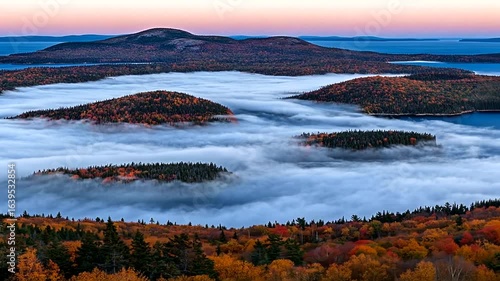 Autumnal Majesty: Aerial view of mist-shrouded islands in Acadia National Park
