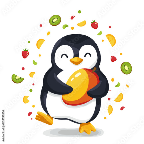 Cartoon penguin happily holding a mango surrounded by fruits,  for children's products, educational materials, and tropical-themed celebrations