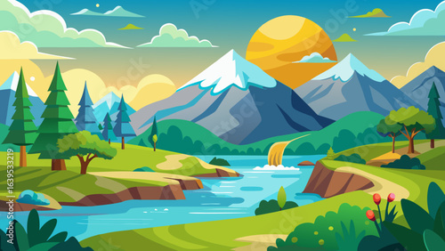 Vector art of idyllic cartoon landscape showcasing snowcapped mountains with a gentle waterfall into a clear river, surrounded by vibrant greenery, trees, and a warm sun