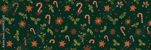 A festive pattern featuring candy canes, poinsettias, and holly on a dark green background design