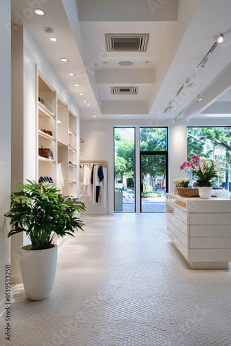 Interior view of a bright clothing store