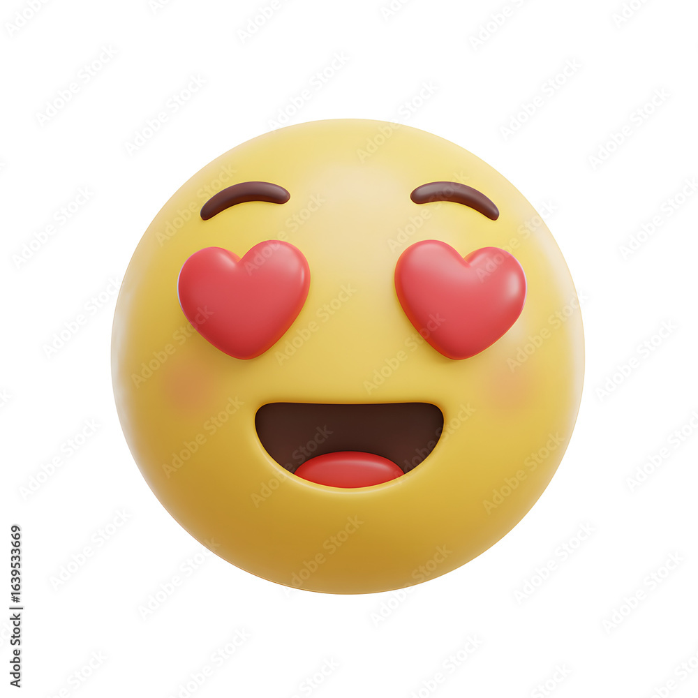 Fototapeta premium Yellow Emoji Face Showing Hearts for Eyes on Transparent Background