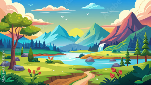Vector art of idyllic cartoon scene of a tranquil river flowing through a picturesque valley, with a waterfall cascading down colorful mountains under a warm, inviting sky