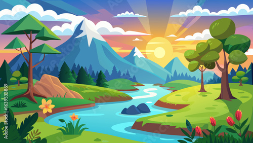 Vector art of peaceful cartoon landscape with majestic mountains, a winding river, and a gentle waterfall under a vibrant sunset sky, highlighting natures tranquility