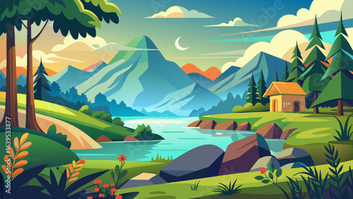 Vector art of serene mountain landscape with a winding river, lush green hills, trees, and a small cabin under a partly cloudy sky with a crescent moon