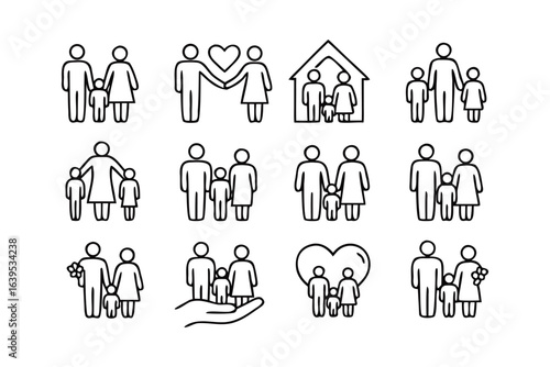 Collection of Family Icon Set Representing Various Family Structures and Relationships in a Simple Line Art Style