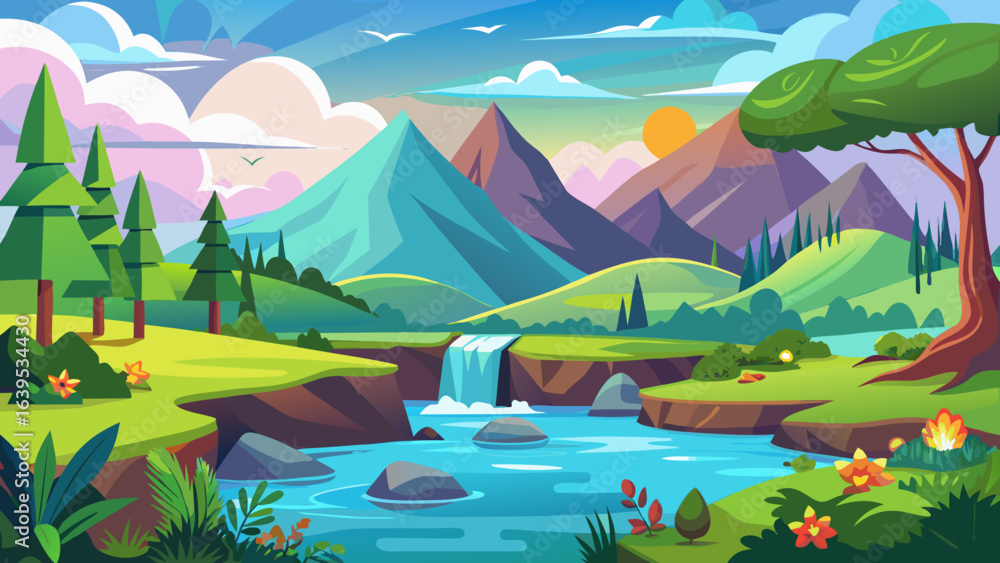 Fototapeta premium Vector art of vibrant cartoon landscape illustration of majestic mountains, a winding river with a waterfall, and lush green trees under a colorful sky with sun and clouds at dawn or dusk