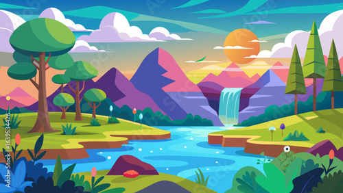 Vector art of vibrant flat illustration of a serene natural landscape with majestic purple mountains, a cascading waterfall, a winding river, lush green trees, and a colorful sunset sky