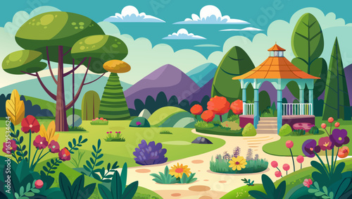 Vector art of charming cartoon depiction of a lush park with a central gazebo, blooming flowers, manicured trees, and scenic hills under a bright sky with fluffy clouds