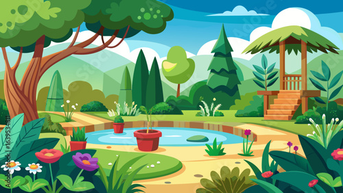Vector art of a serene garden landscape featuring a tranquil pond, vibrant flowers, lush trees, and a wooden gazebo, creating a picturesque outdoor setting