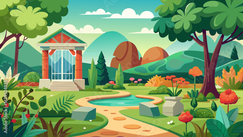 Vector art of vibrant cartoon illustration of a beautiful park with a pond, pavilion, and lush greenery, featuring rolling hills and a bright blue sky