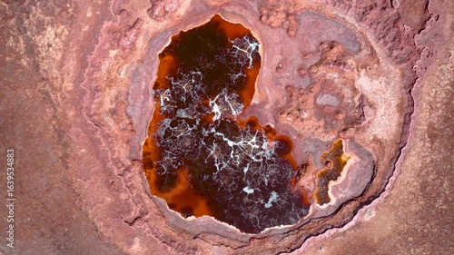 Aerial view of red and yellow acid pools surrounded by mineral deposits in Dallol geothermal region