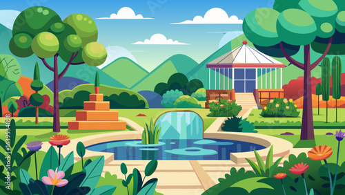 Vector art of whimsical cartoon artwork of a picturesque garden featuring a tranquil pond with a fountain, a charming pavilion, and scenic hills under a clear sky