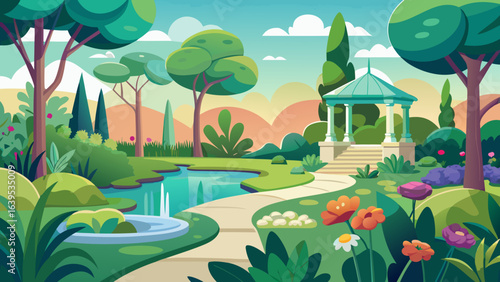 Vector art of an idyllic cartoon scene of a picturesque garden with a peaceful pond, a decorative fountain, a welcoming gazebo, and a meandering path through colorful flora