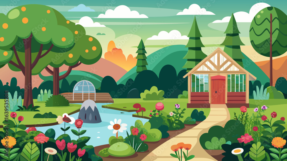 Fototapeta premium Vector art of vibrant cartoon illustration of a lush garden with a pond, flowers, trees, and a charming cottage, evoking a sense of natural beauty and tranquility