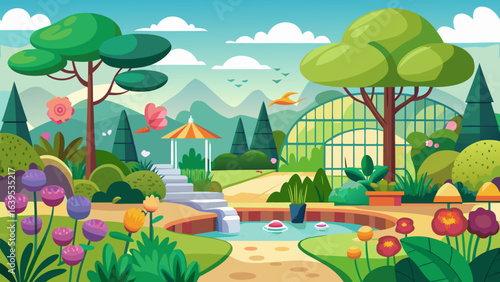 Vector art of whimsical cartoon illustration of a picturesque garden with a cascading water feature, a stone staircase, colorful tulips, a small gazebo, and a greenhouse in the background