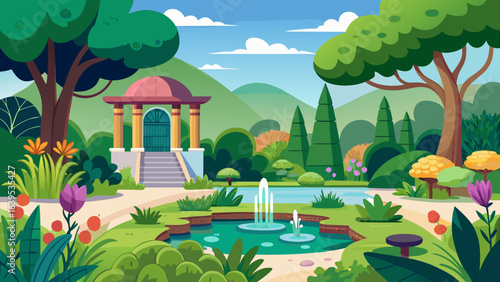 Vector art of enchanting cartoon illustration of a picturesque garden with a central pond and fountain, a classical temple structure, and lush greenery