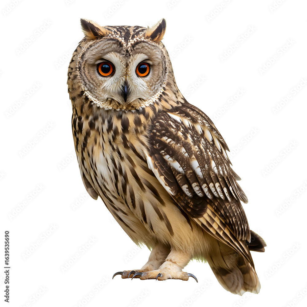 Naklejka premium Standing Owl with Brown Feathers and Orange Eyes on Transparent Background