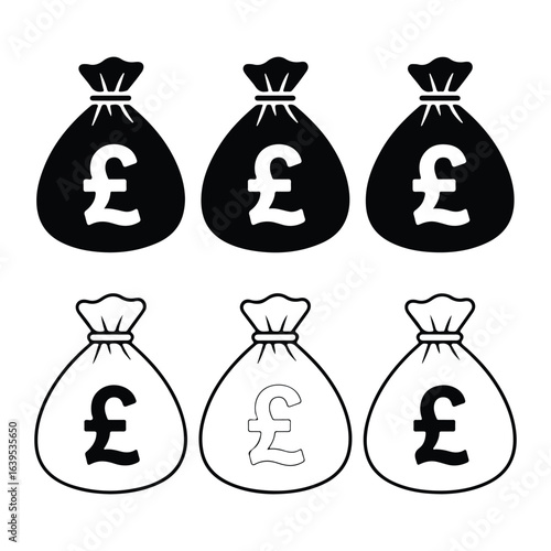 Black and white money bags with pound symbols currency