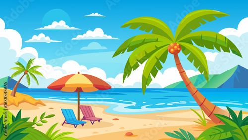Vector art of idyllic tropical beach with leaning palm tree, umbrella, and chairs facing the turquoise ocean under a bright blue sky with scattered clouds, evoking a sense of summer bliss