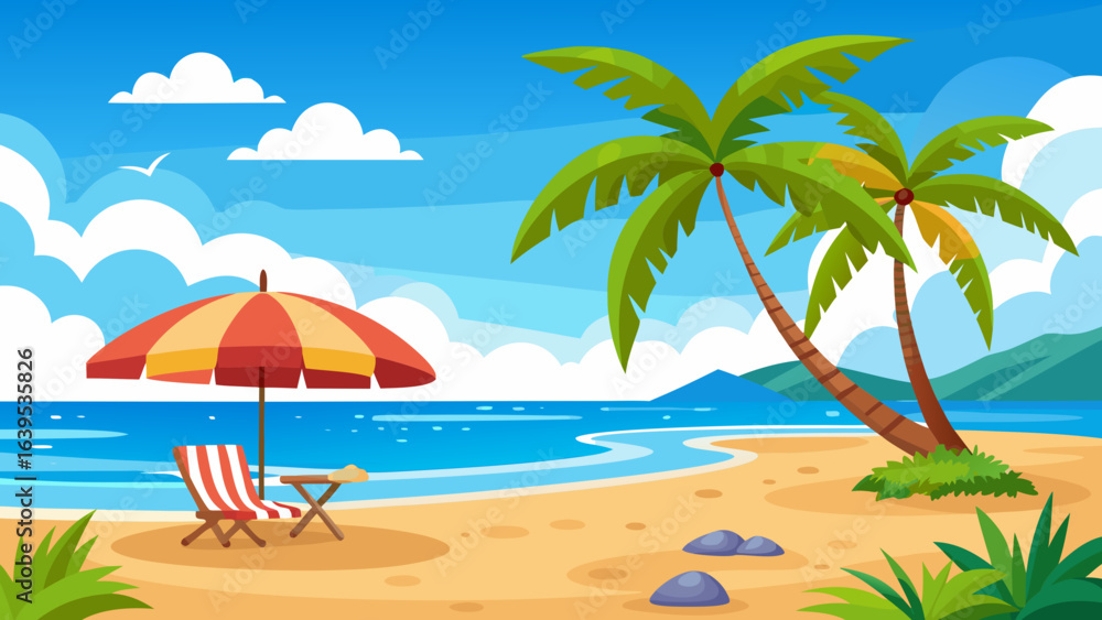 Obraz premium Vector art of a serene tropical beach scene with palm trees, a striped umbrella, and a chair, inviting relaxation and summer vacation vibes under a clear blue sky with fluffy clouds