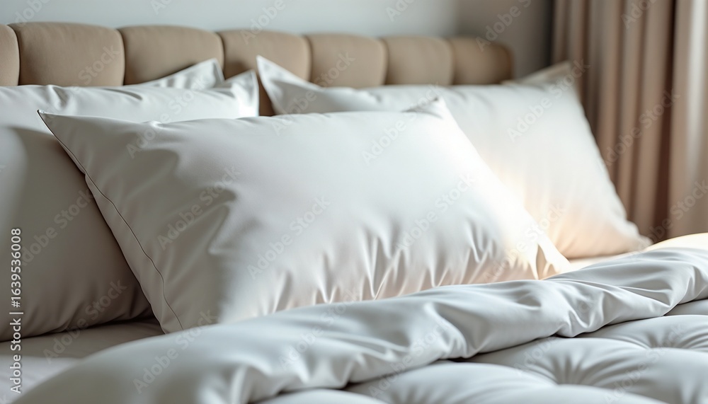 Obraz premium Soft pillows and bedding on neatly made bed in cozy bedroom
