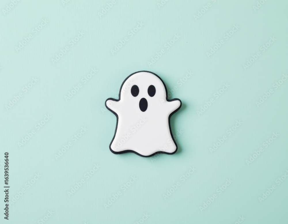 A playful white ghost cookie with a surprised expression sits centered on a pastel blue background A playful white ghost cookie with a surprised expression sits centered on a pastel blue background