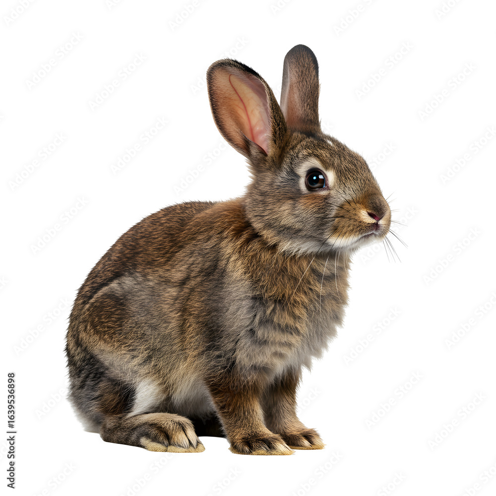 Fototapeta premium Sitting Brown Rabbit on Isolated Transparent Background Looking to Side