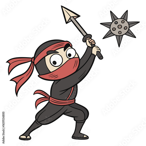 Cartoon ninja with weapon and spiked ball warrior fighter