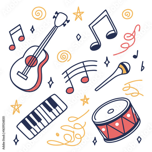 Guitar piano drum microphone music notes vector
