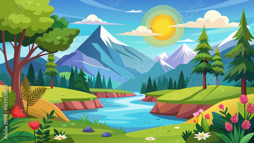 Vector art of beautiful cartoon depiction of a serene natural landscape with snowcapped mountains, a clear river, evergreen trees, and vibrant flowers under a sunny sky