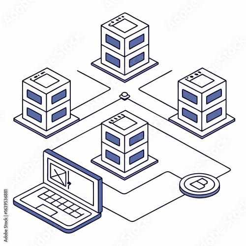 Isometric blockchain network servers laptop bitcoin