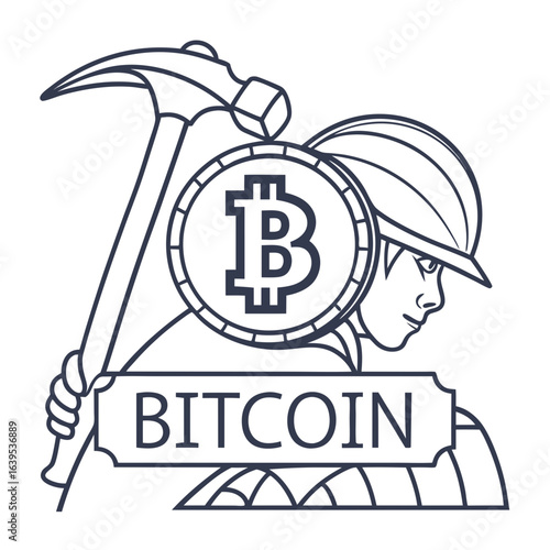 Bitcoin miner with hammer and coin cryptocurrency mining